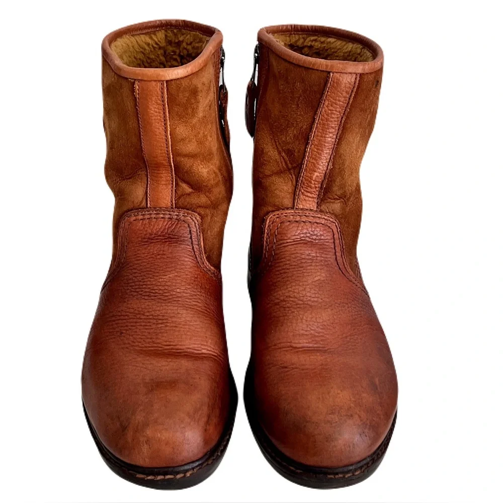 Vintage Tecnica Country Cognac Leather Suede Shearling Lined Boots, Size 44